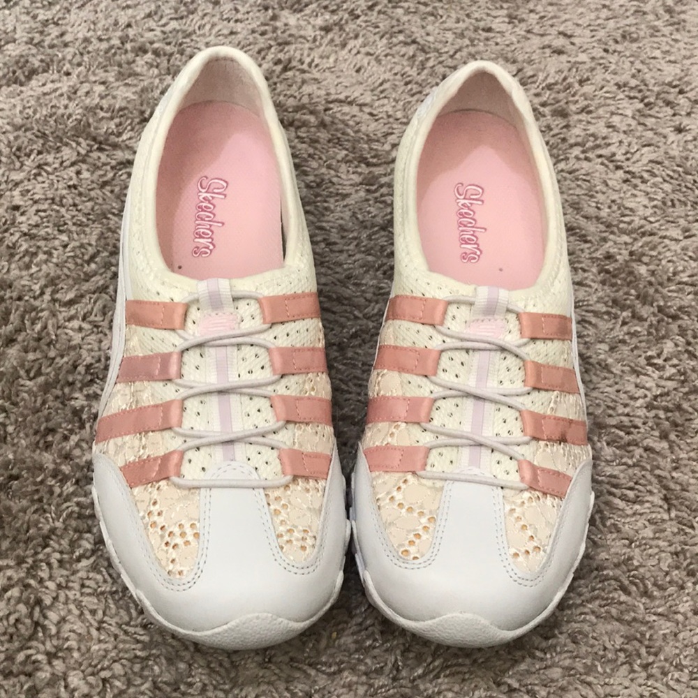 Pink and White Slip-On Skechers